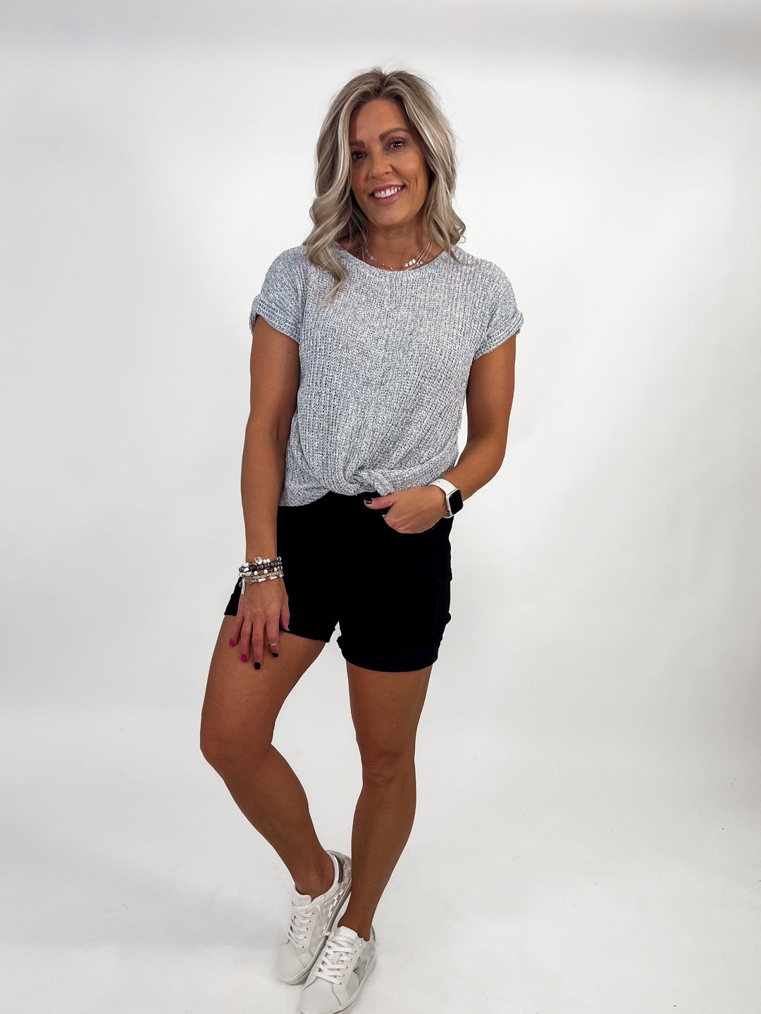 Twist and Shout Knit Top with Bottom Twist, Heather Grey