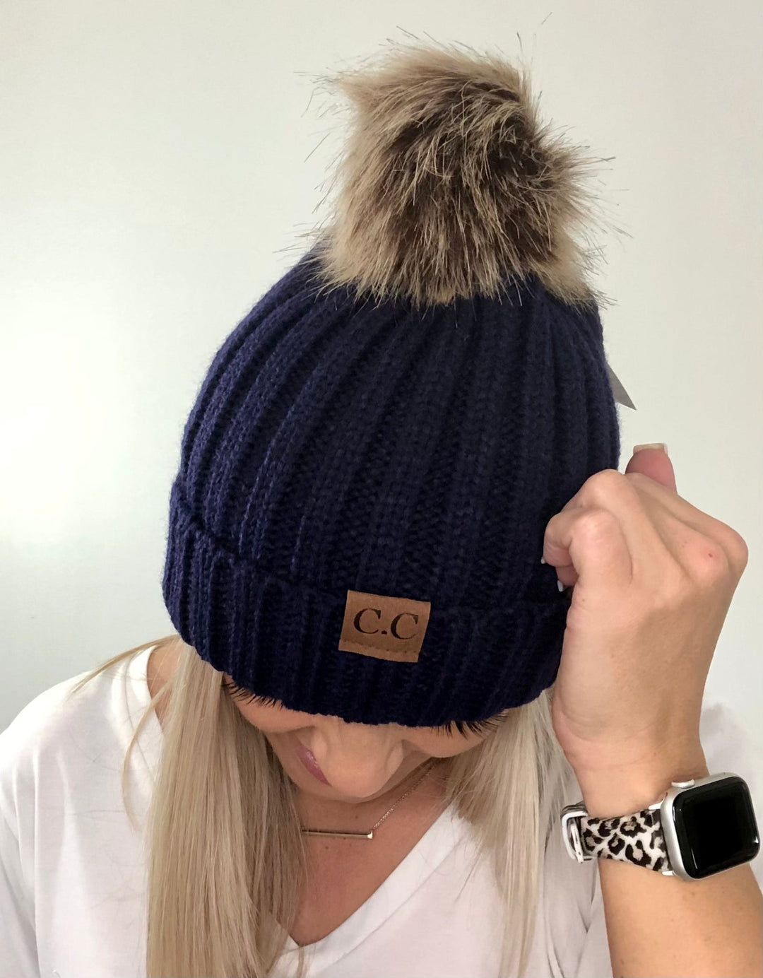 Knit Beanie with Faux Fur Pom, Assorted Colors