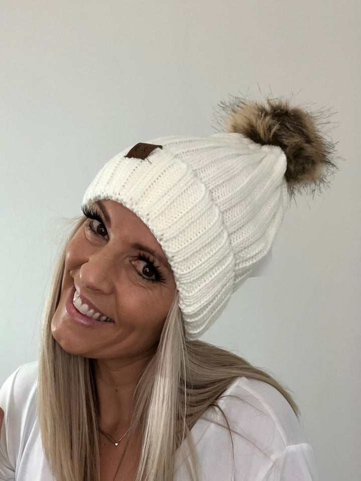 Knit Beanie with Faux Fur Pom, Assorted Colors