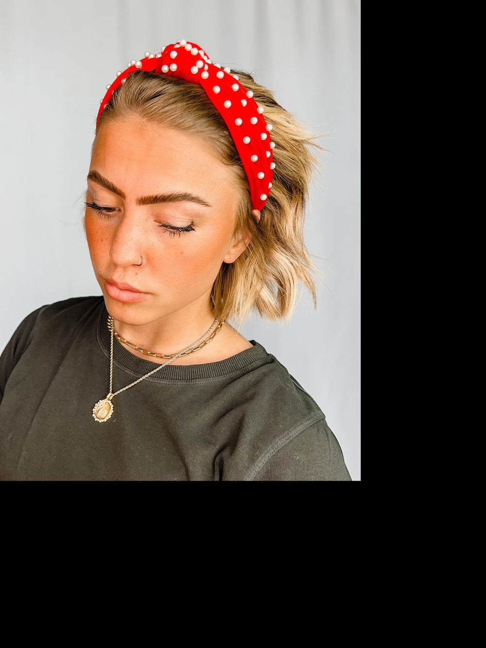 Top Knot Headband with Pearl Accents, Red