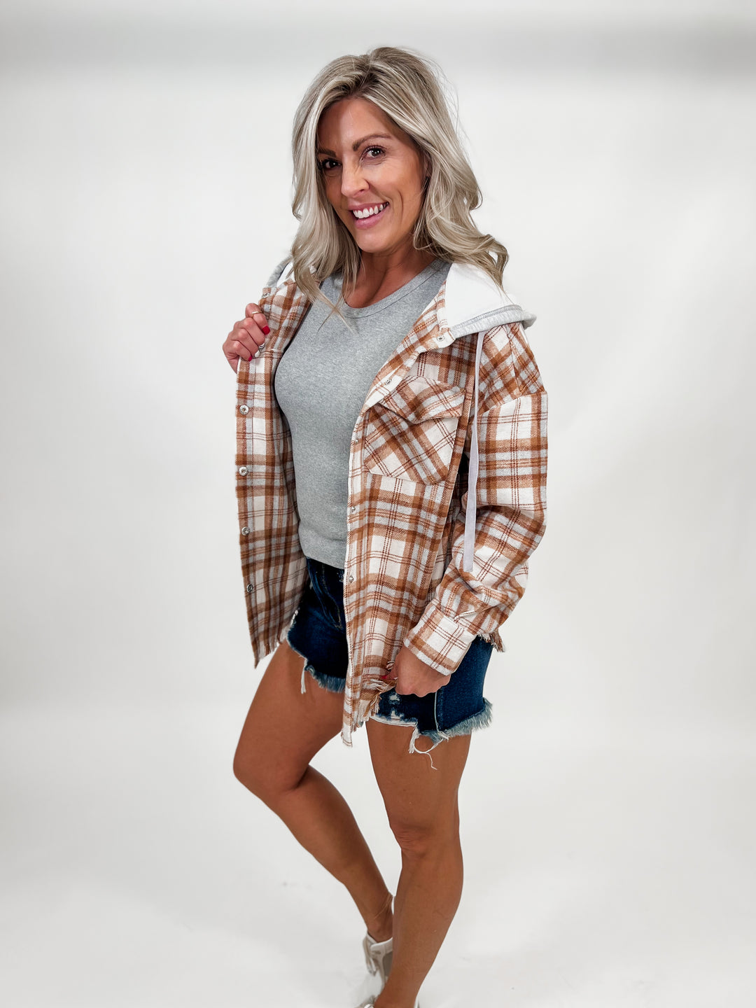On the Move Hooded Plaid, Camel