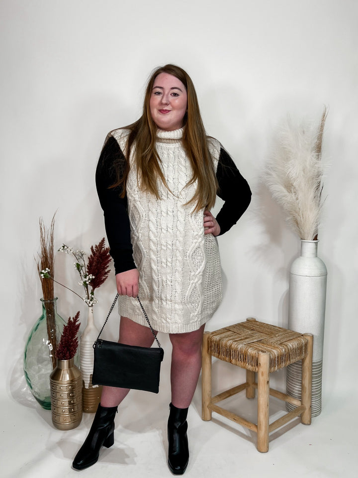 Chloe Turtleneck Cable Knit Sweater Dress, Cream
