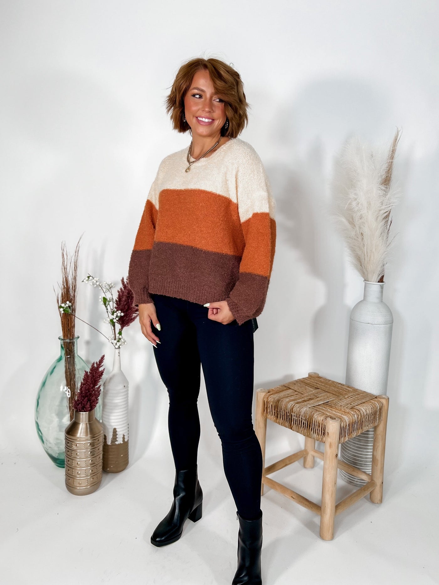 Effortlessly You Color Block Sweater, Brick and Chocolate