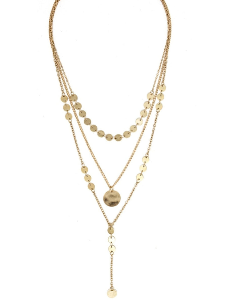 Triple Layered Disc with Y Drop Necklace, Gold