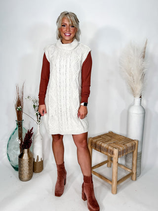 Chloe Turtleneck Cable Knit Sweater Dress, Cream
