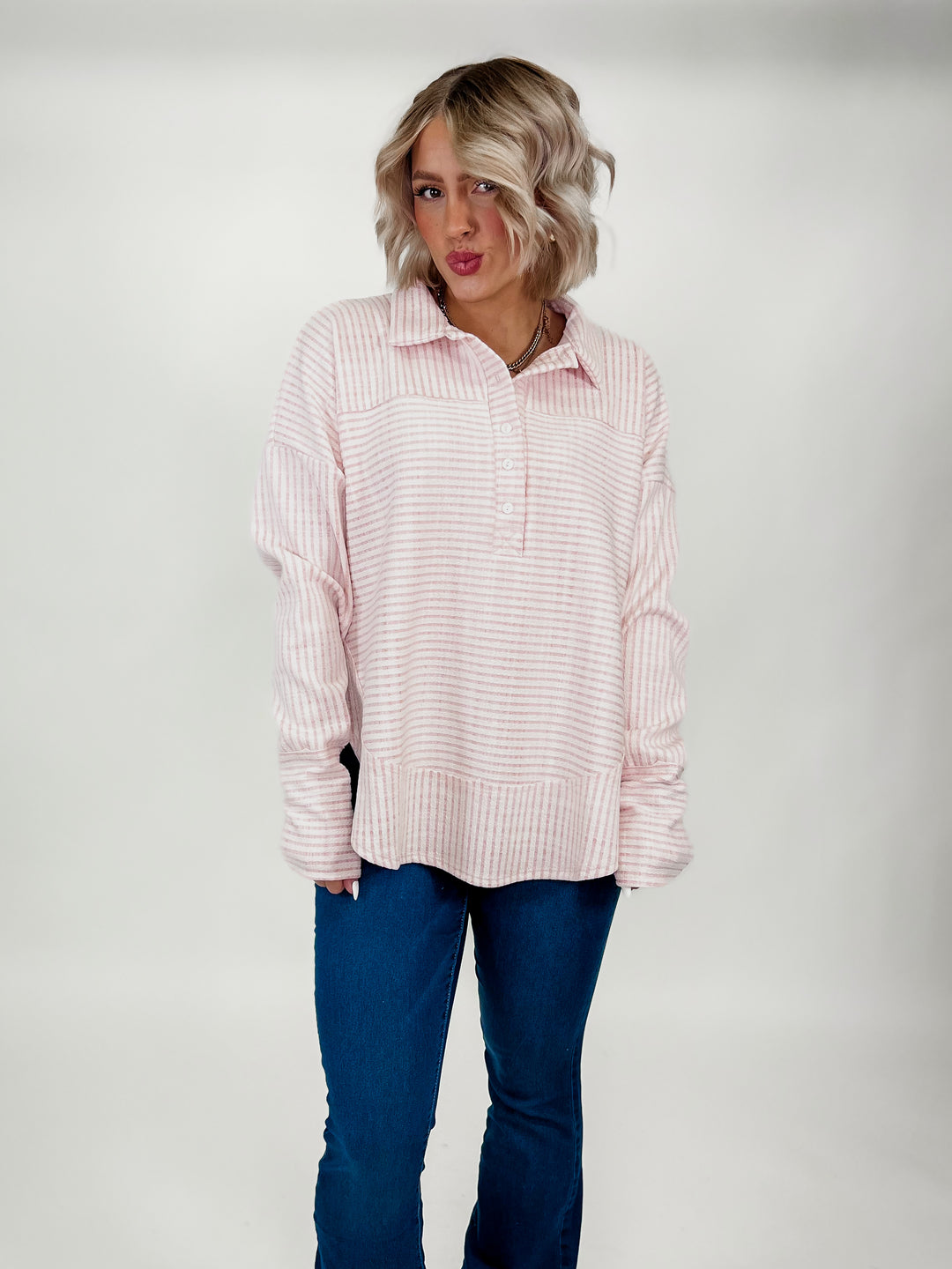 Heart Strings Striped Ribbed Collared Top, Pink