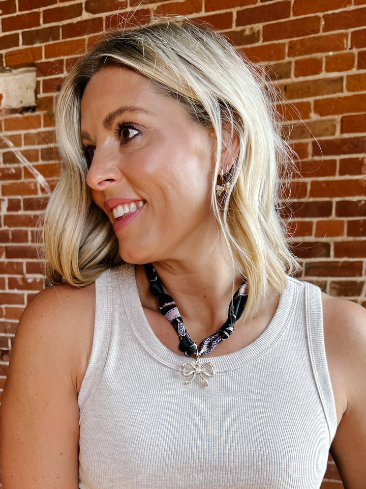 Knotted Chic Scarf Necklace with Bow Charm, Black