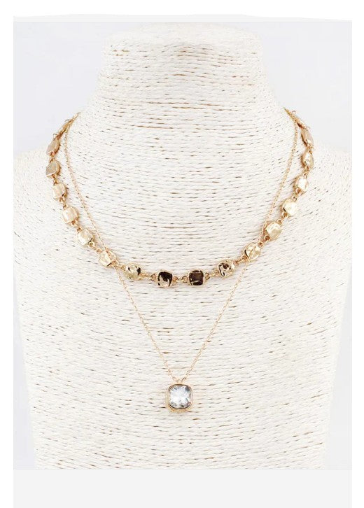 Hammered Square &amp; Crystal Drop Necklace, Gold