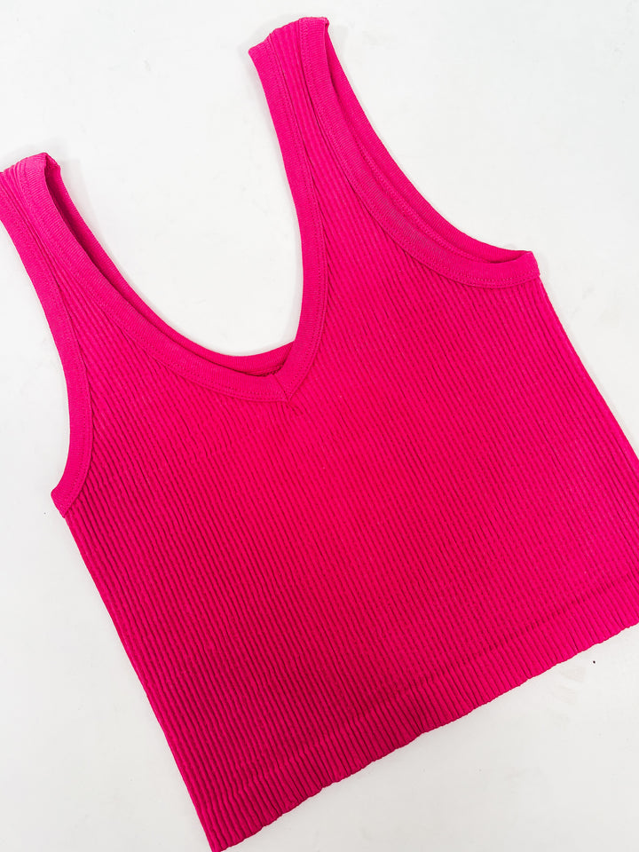 Lenore Ribbed Seamless Cropped Tank, Hot Pink