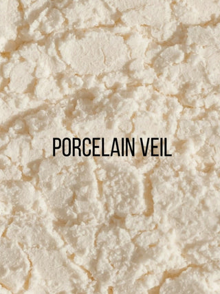 A close-up texture shot of a white porcelain veil with the text 'PORCELAIN VEIL' printed in black across the center.