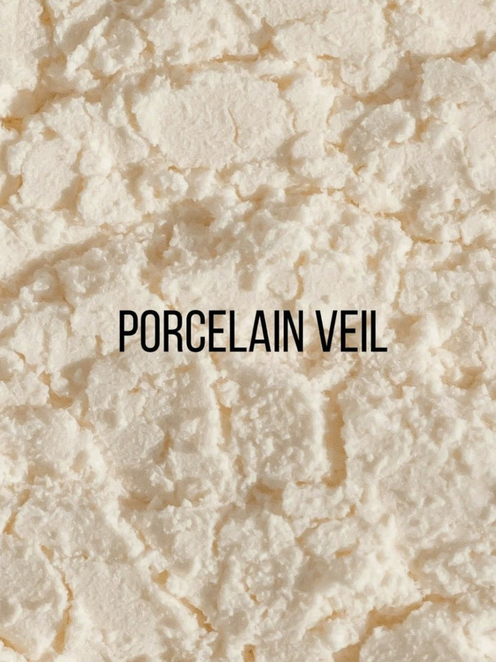 A close-up texture shot of a white porcelain veil with the text &