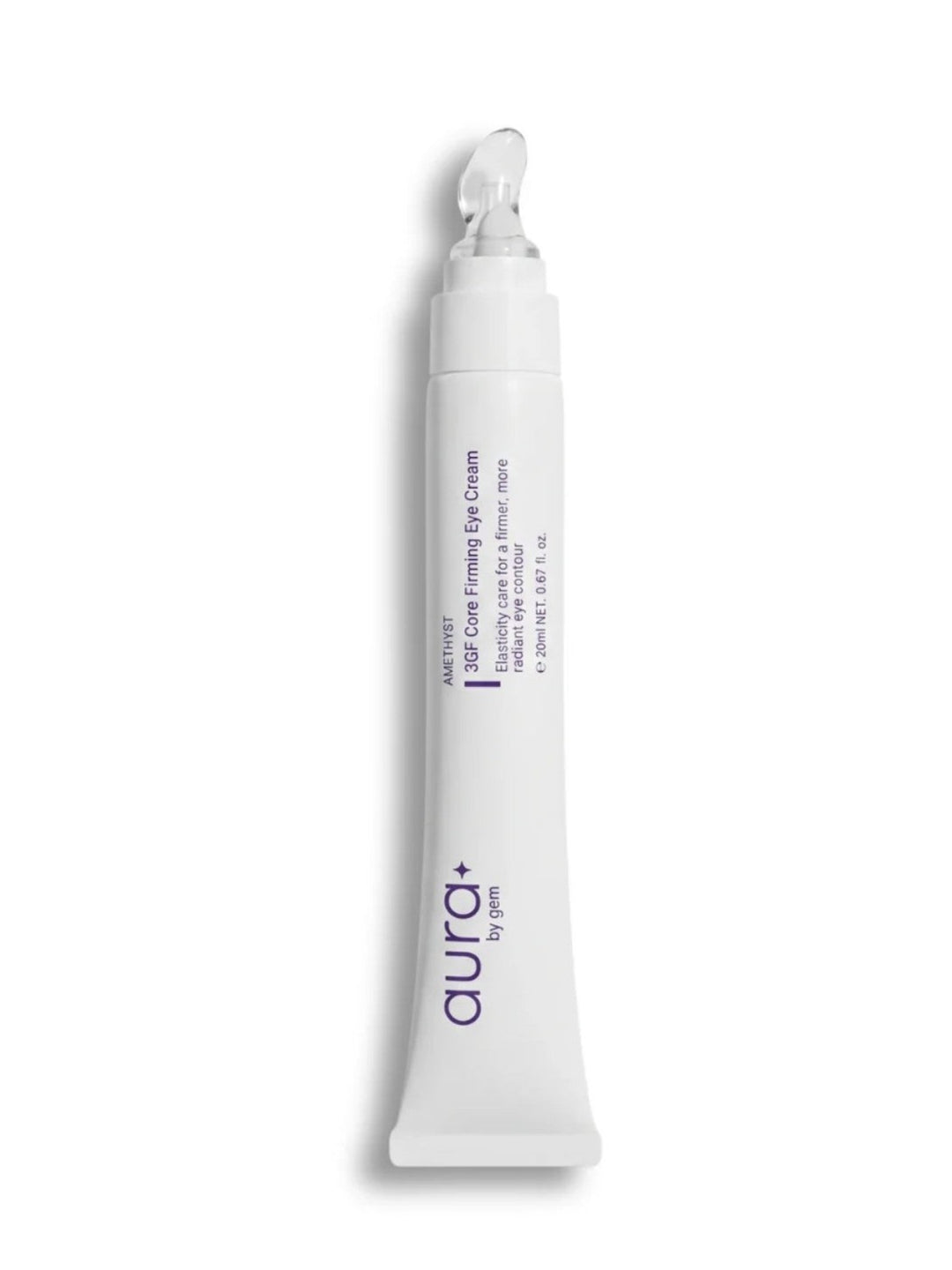 A white squeeze tube of Aura+ by GMS eye cream with purple text, shown on a clean white background with a soft shadow.