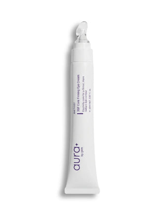 A white squeeze tube of Aura+ by GMS eye cream with purple text, shown on a clean white background with a soft shadow.