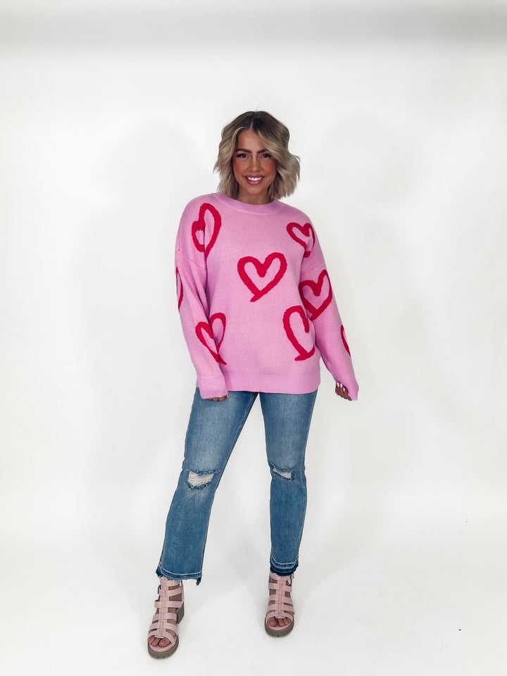 Falling For You Heart Sweater, Pink
