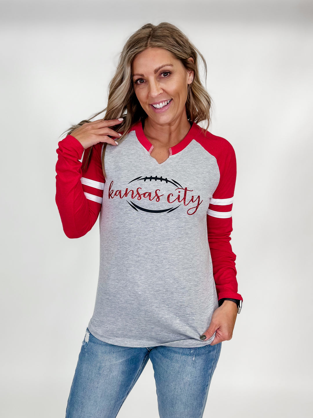 Kansas City Football Outlined Jersey Long Sleeve Shirt,  Red