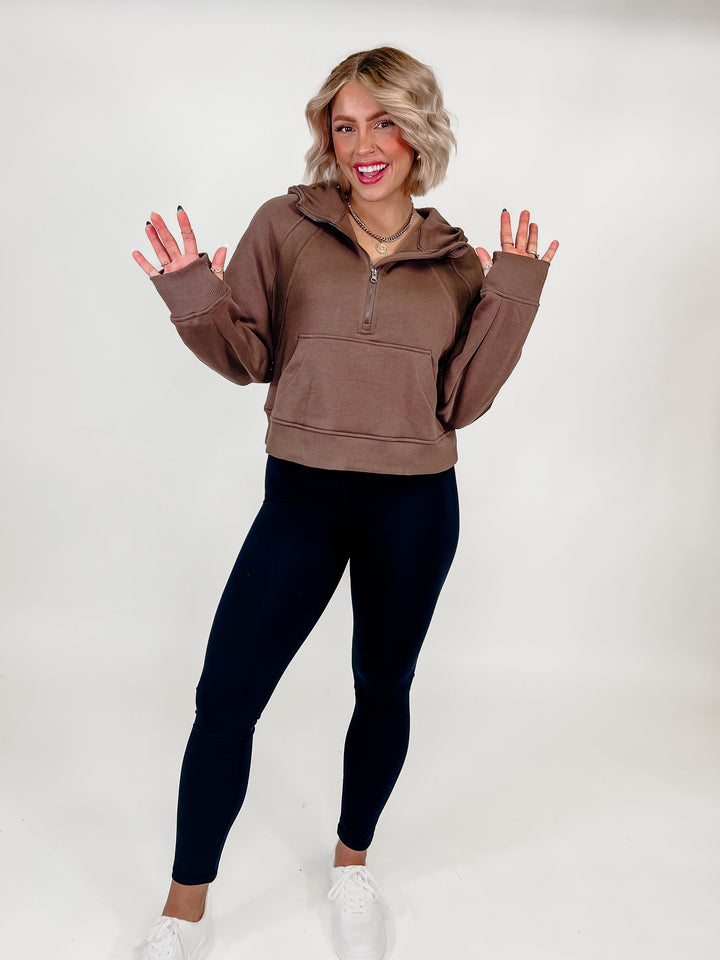 Let's Hang Out Quarter Zip Cropped Hoodie, Coffee