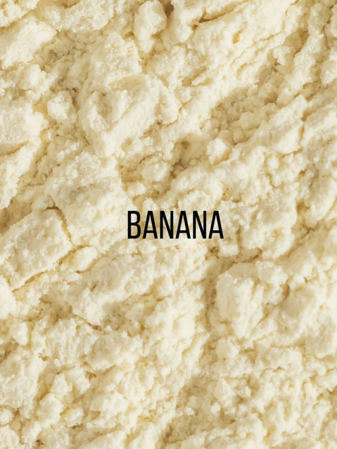 A close-up texture shot of a crumbly, off-white powder, labeled with the word &