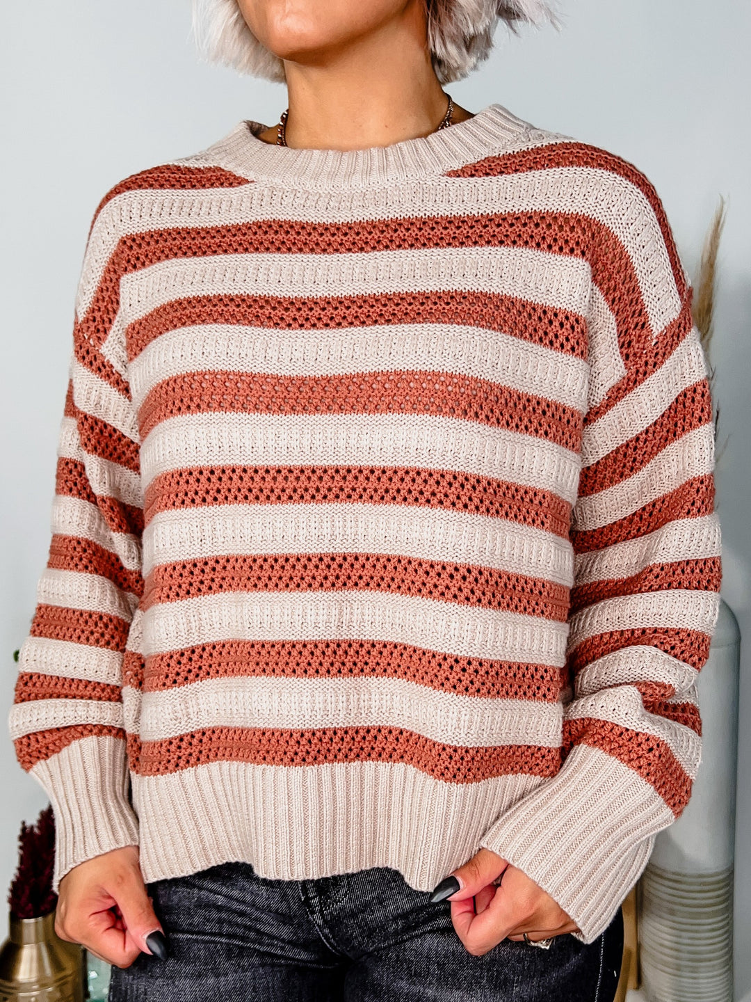 In the Air Crochet Stripe Sweater, Taupe/Cinnamon