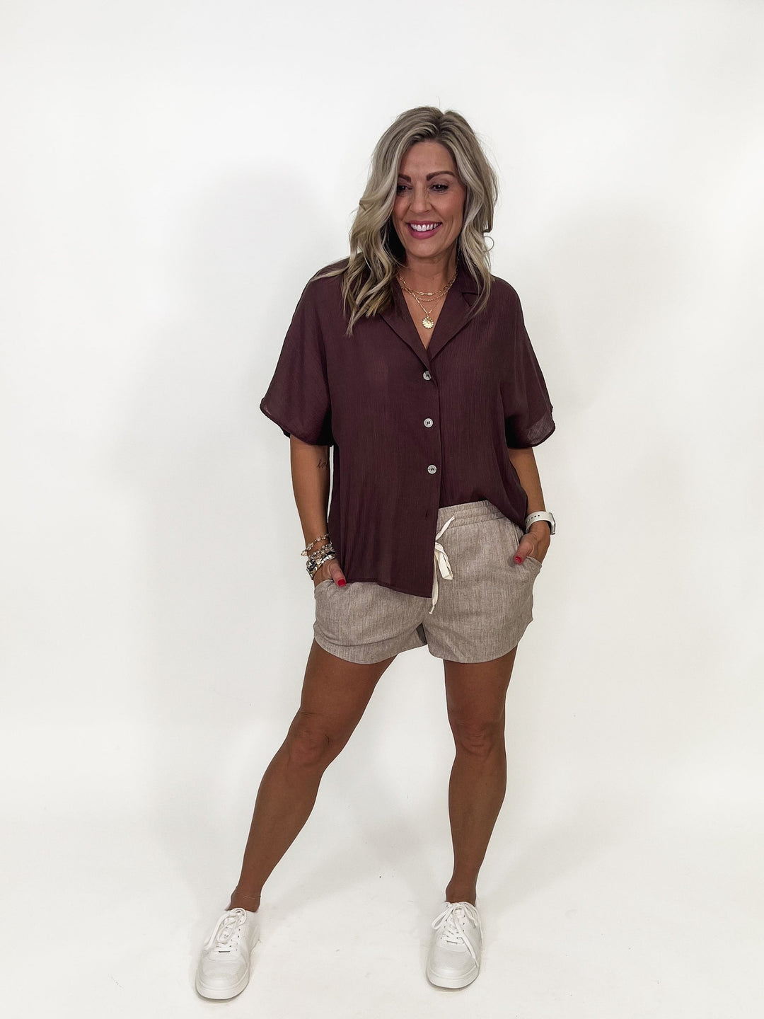 Sweet Escape Short Sleeve Button Up Top, Chocolate