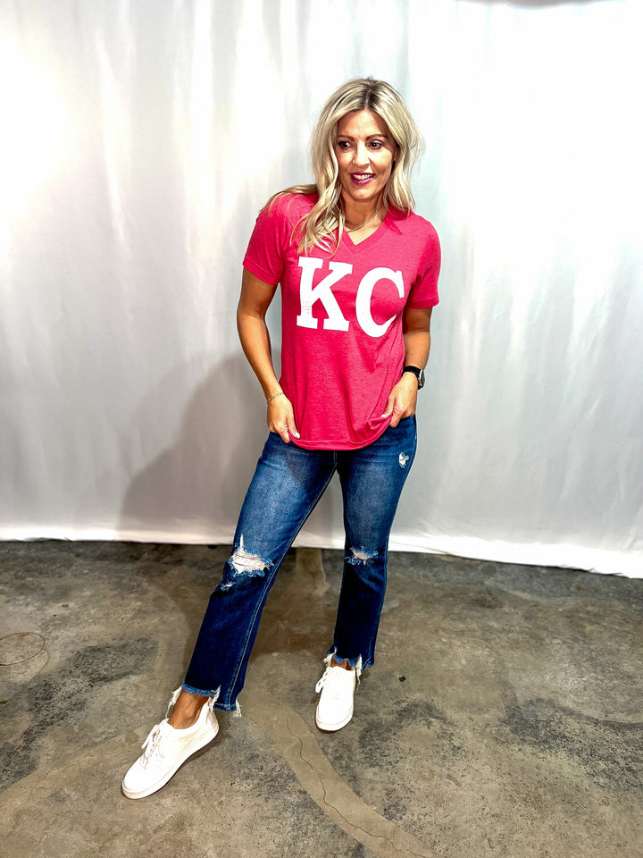 Distressed KC V-Neck Graphic Tee, Heather Red