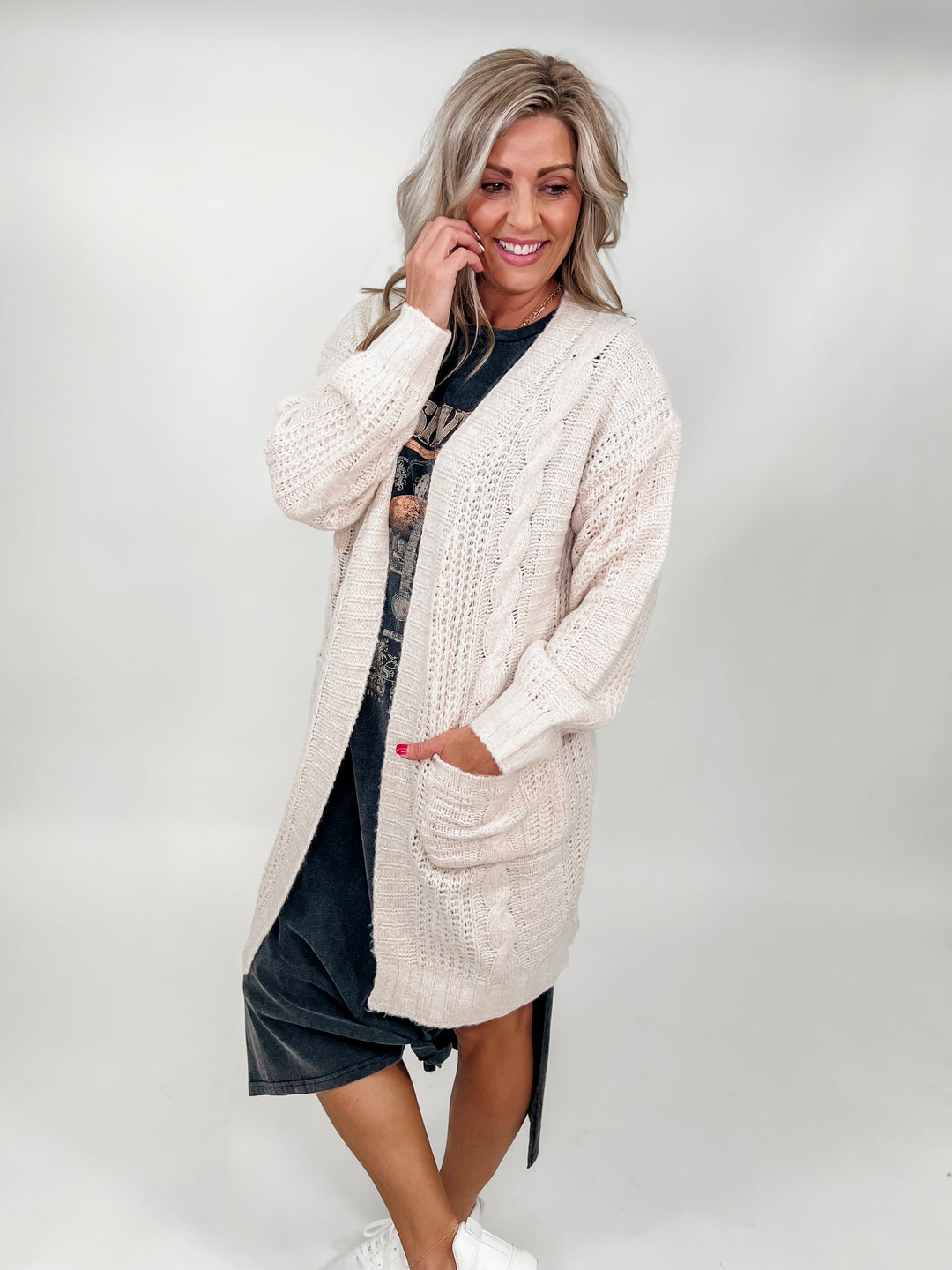 Hold Me Tight Midi Cable Knit Cardigan, Oatmeal