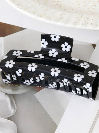 Medium Size Rectangle Hair Clip-Black Flower Print