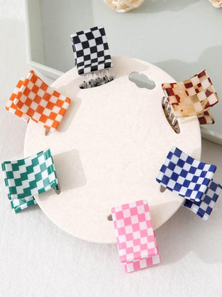 Set of Six Mini Claw Hair Clips, Checked 