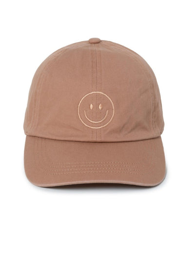 Embroidered Happy Face Baseball Hat, Clay