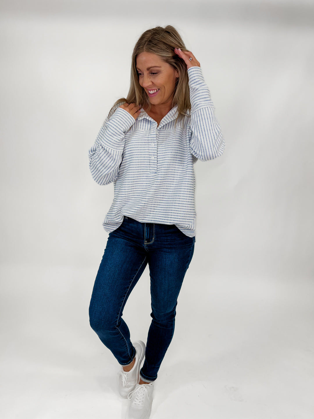 Heart Strings Striped Ribbed Collared Top, Blue