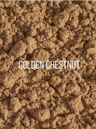 A close-up texture shot of golden-brown powder or granules with the text 'GOLDEN CHESTNUT' overlaid in the center.