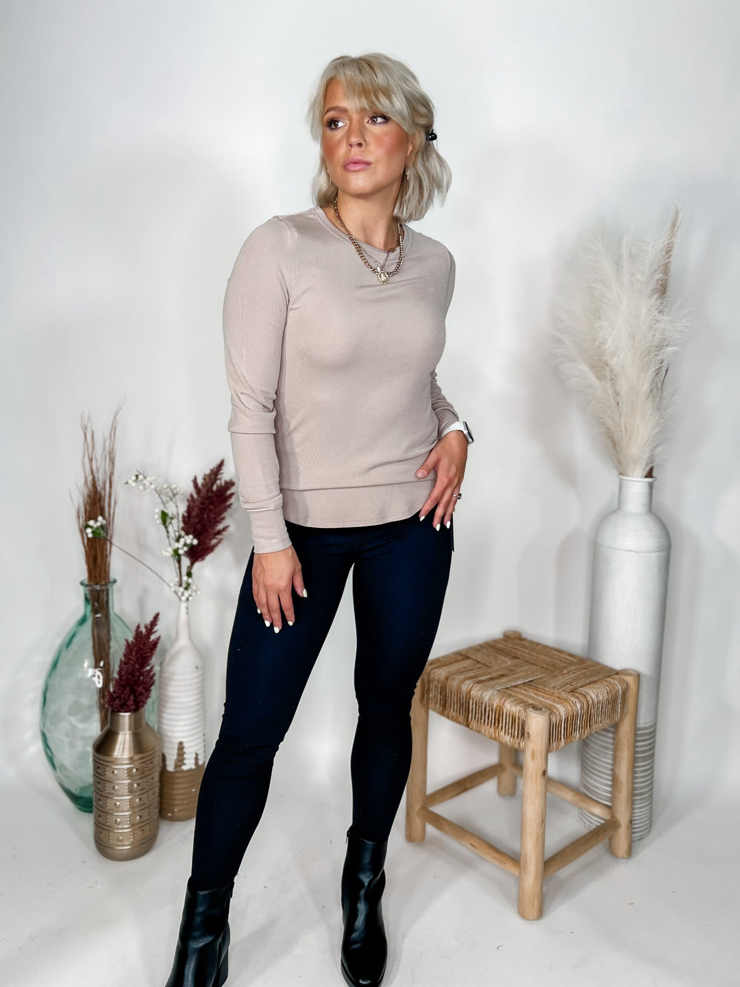 Stacy Long Sleeve Top, Light Taupe