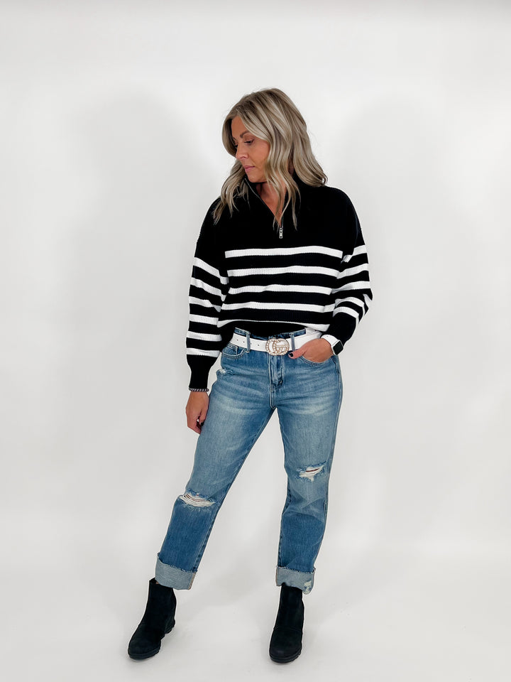 Russell 1/2 Zip Striped Pullover, Black/White