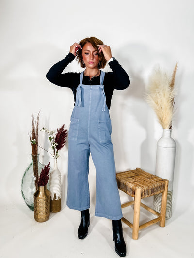 Jump Around Wide Leg Cropped Overalls, Blue