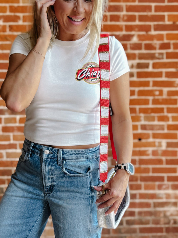 Add Me On Stripe Seed Bead Bag Guitar Straps, Red/White/Gold