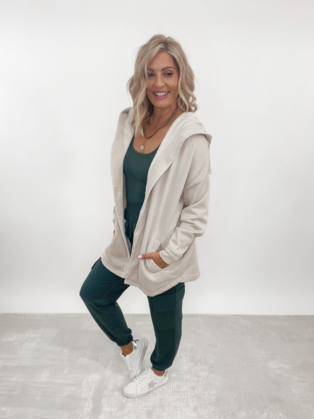 Adeline Hooded Cardigan, Tan