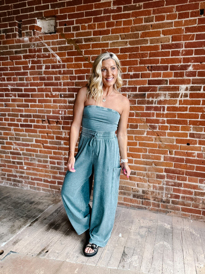 After Hours Ease Mineral Washed Strapless Jumpsuit, Dark Teal