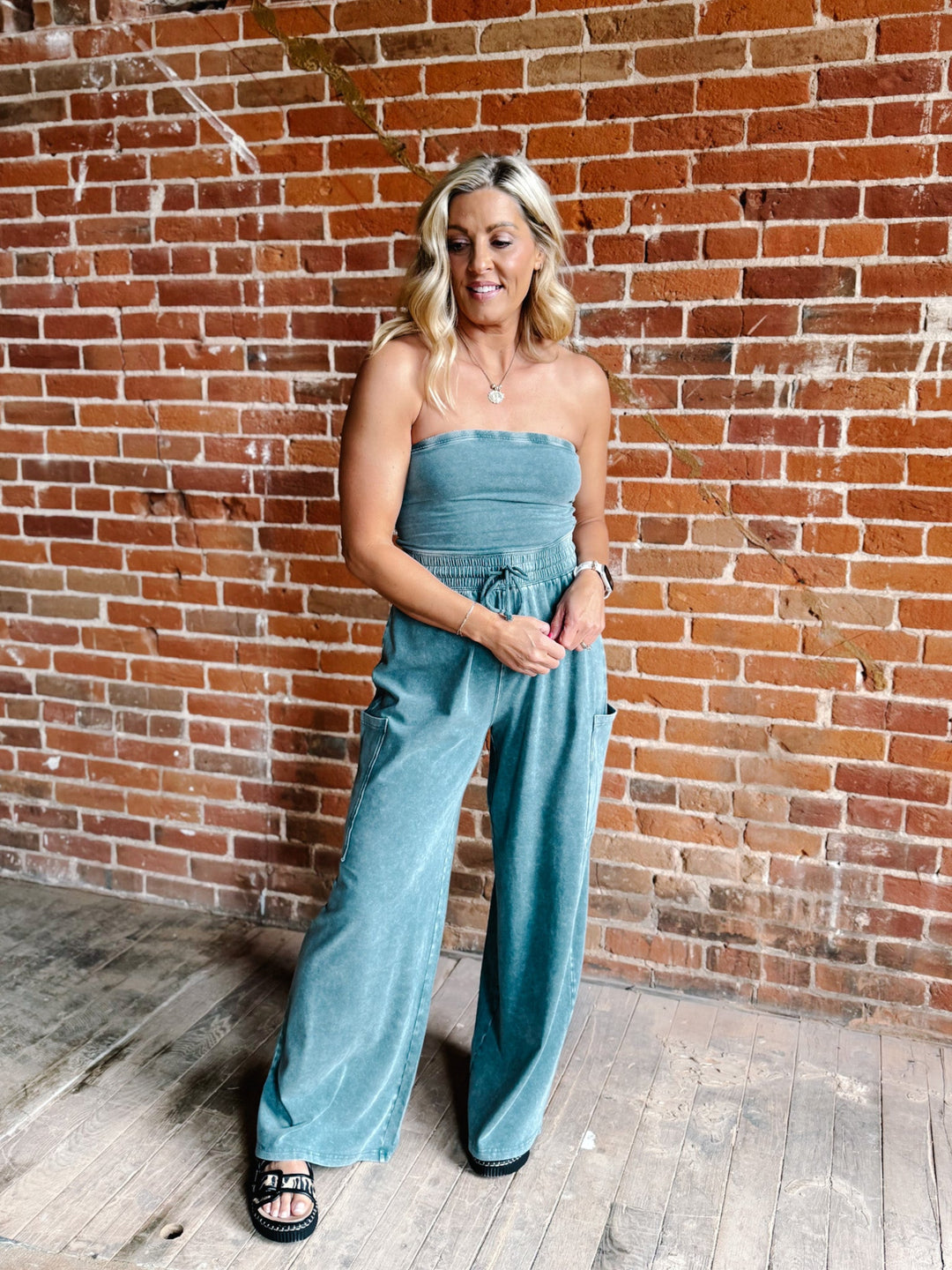 After Hours Ease Mineral Washed Strapless Jumpsuit, Dark Teal