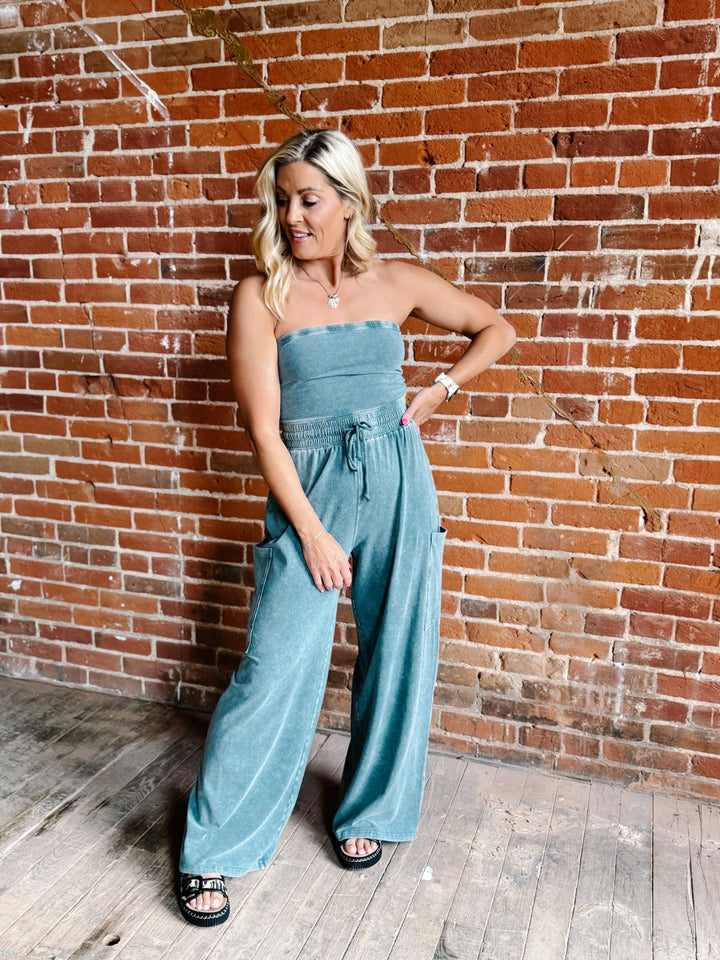 After Hours Ease Mineral Washed Strapless Jumpsuit, Dark Teal