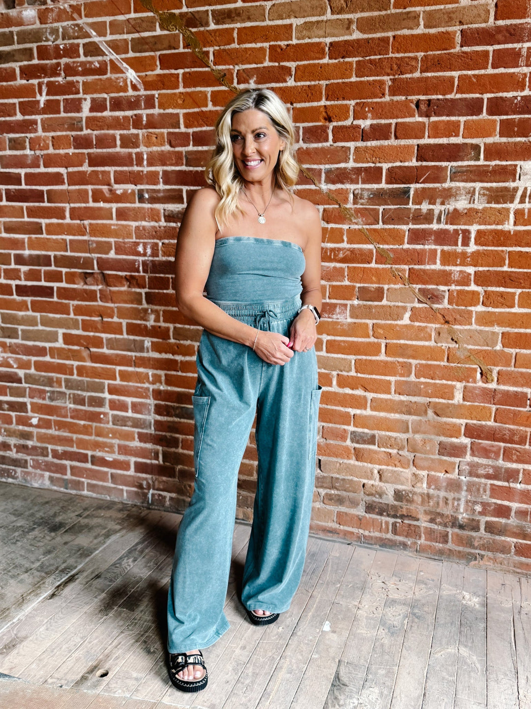 After Hours Ease Mineral Washed Strapless Jumpsuit, Dark Teal