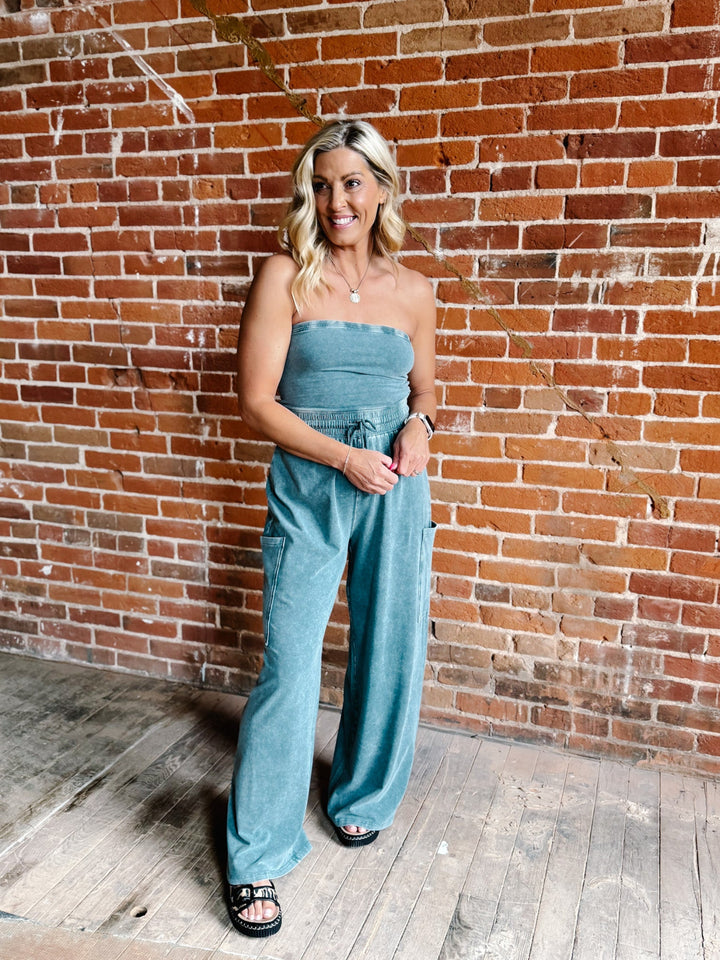 After Hours Ease Mineral Washed Strapless Jumpsuit, Dark Teal