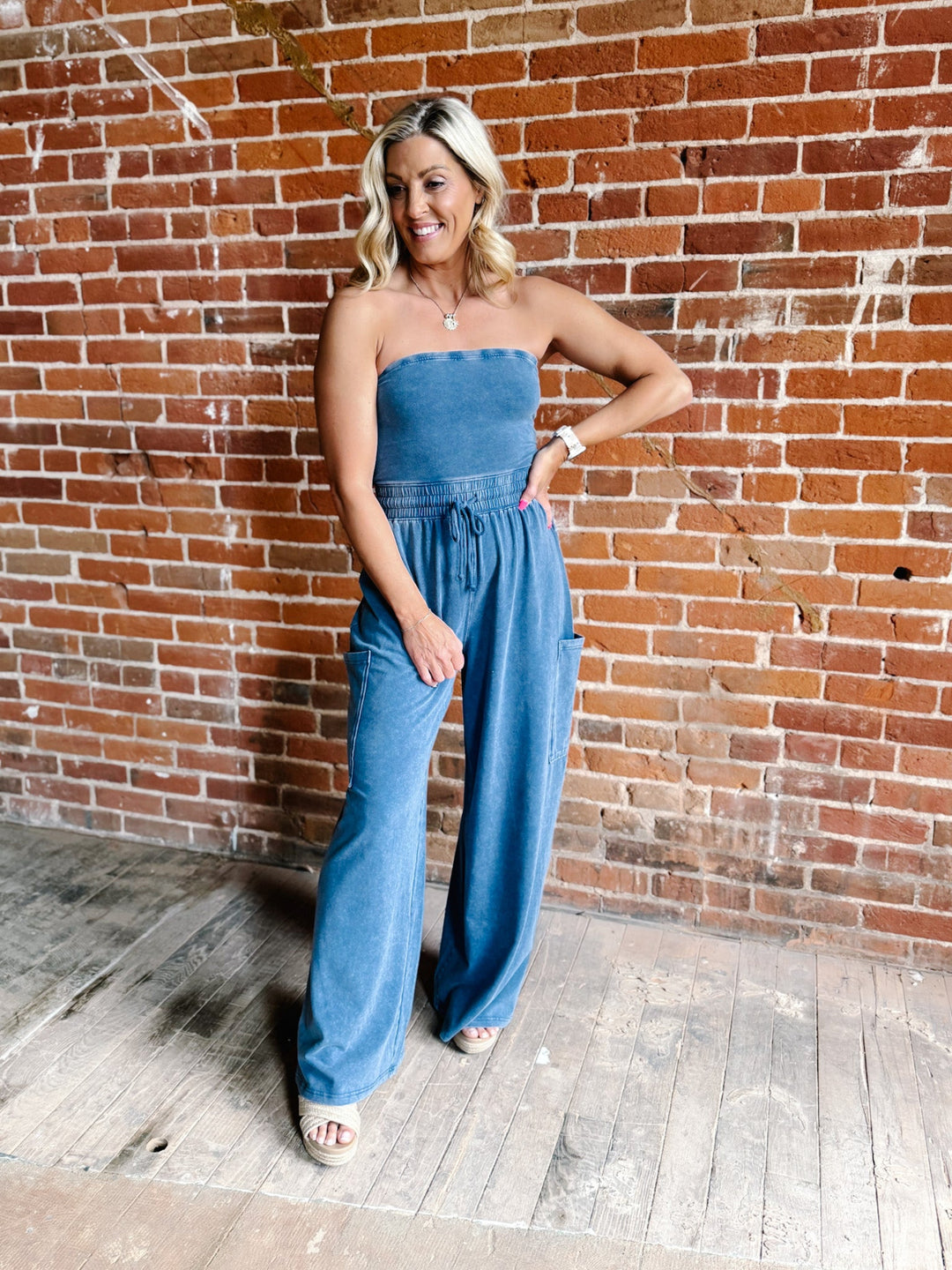 After Hours Ease Mineral Washed Strapless Jumpsuit, Navy