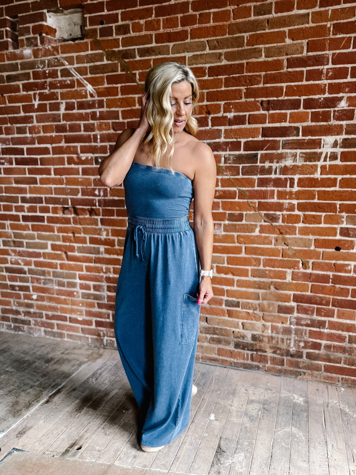 After Hours Ease Mineral Washed Strapless Jumpsuit, Navy