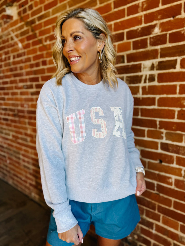 All-American Patchwork USA Pullover, Heather Grey