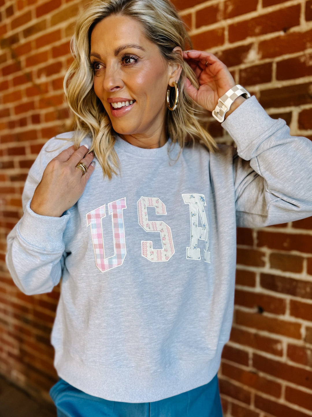 All-American Patchwork USA Pullover, Heather Grey