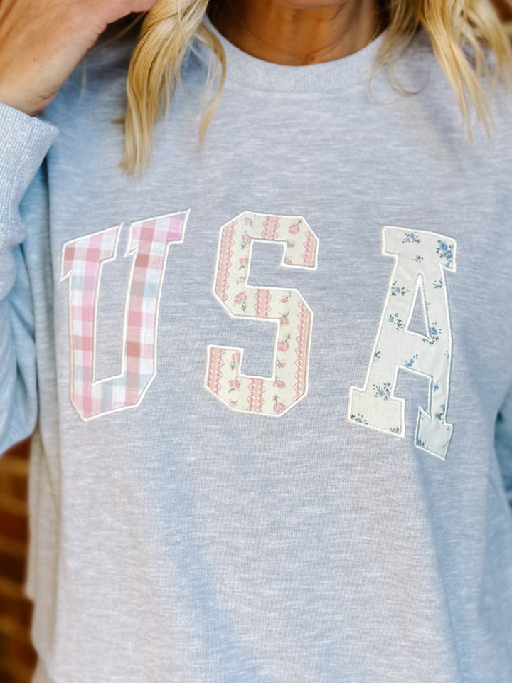 All-American Patchwork USA Pullover, Heather Grey