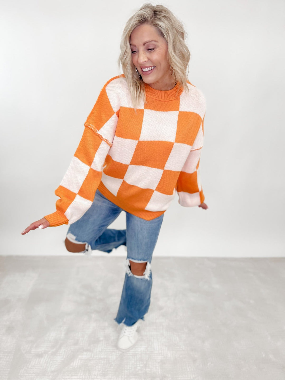 Always Ready Oversized Checkered Sweater, Orange