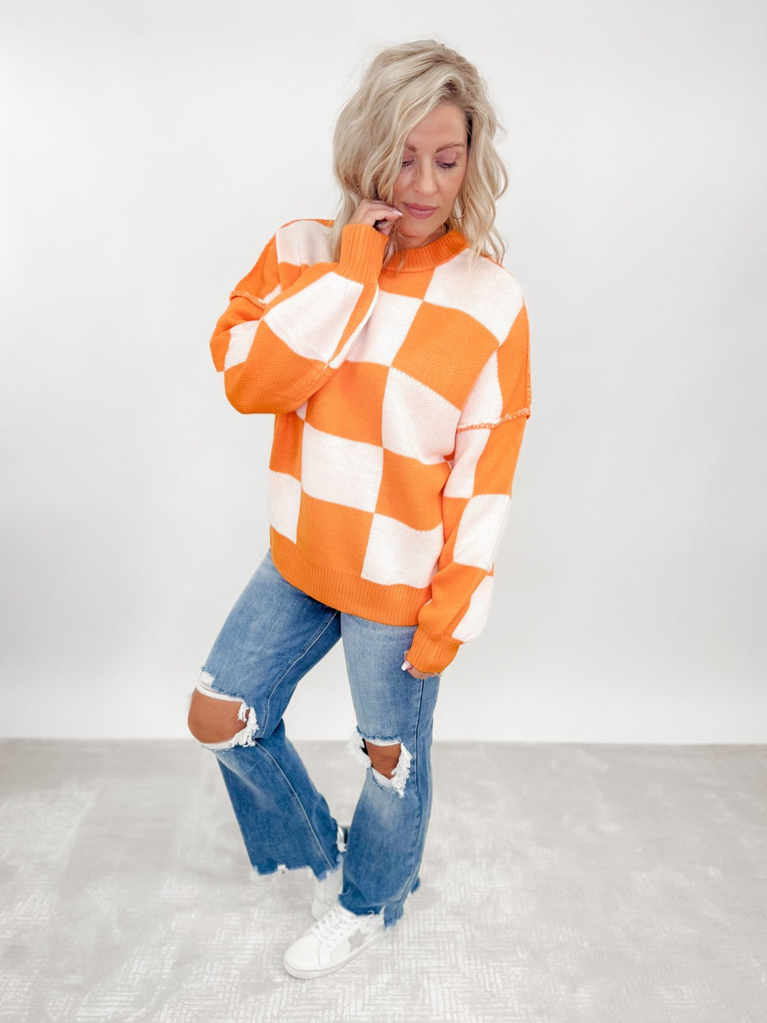 Always Ready Oversized Checkered Sweater, Orange