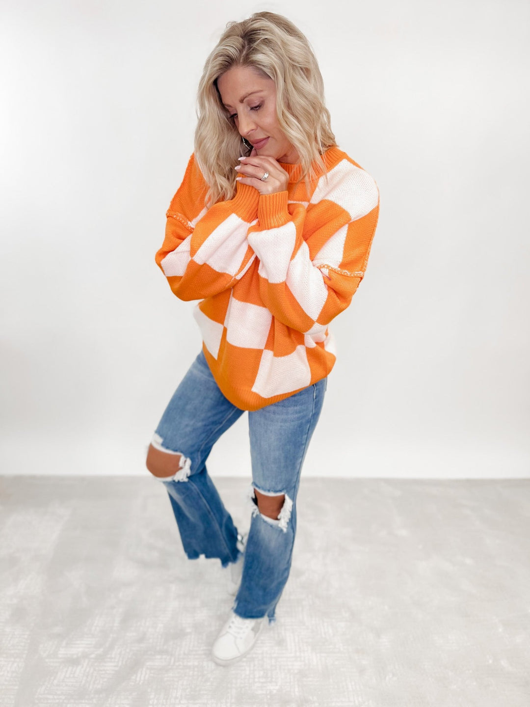 Always Ready Oversized Checkered Sweater, Orange