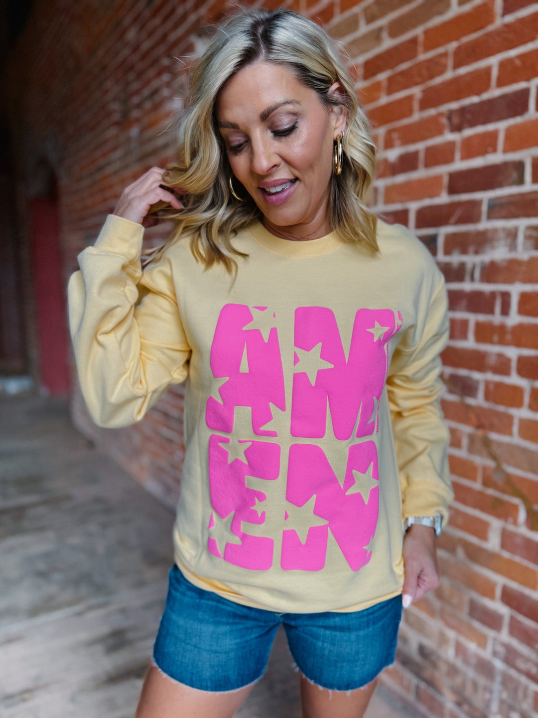 Amen Stars Puff Ink Sweatshirt, Yellow
