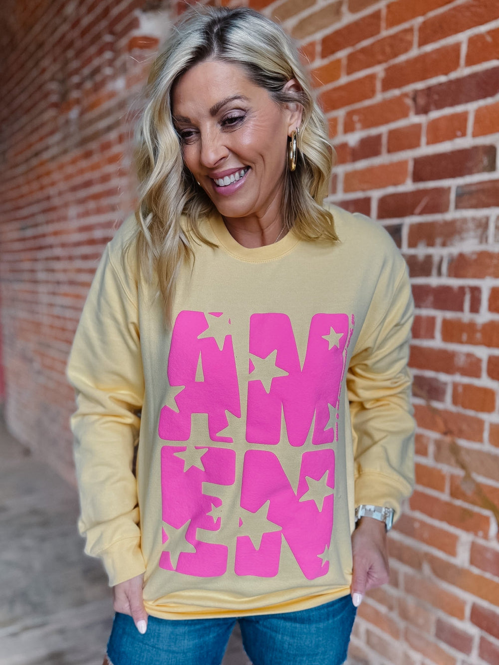 Amen Stars Puff Ink Sweatshirt, Yellow
